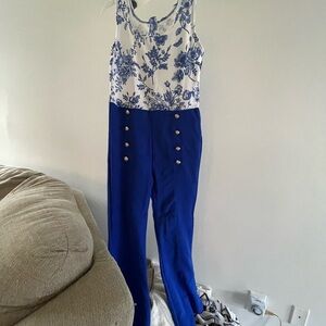 SHEIN Royal Blue and White Floral Jumpsuit